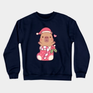 Cute Capybara In Christmas Stocking With Candy Cane And Mistletoe Crewneck Sweatshirt